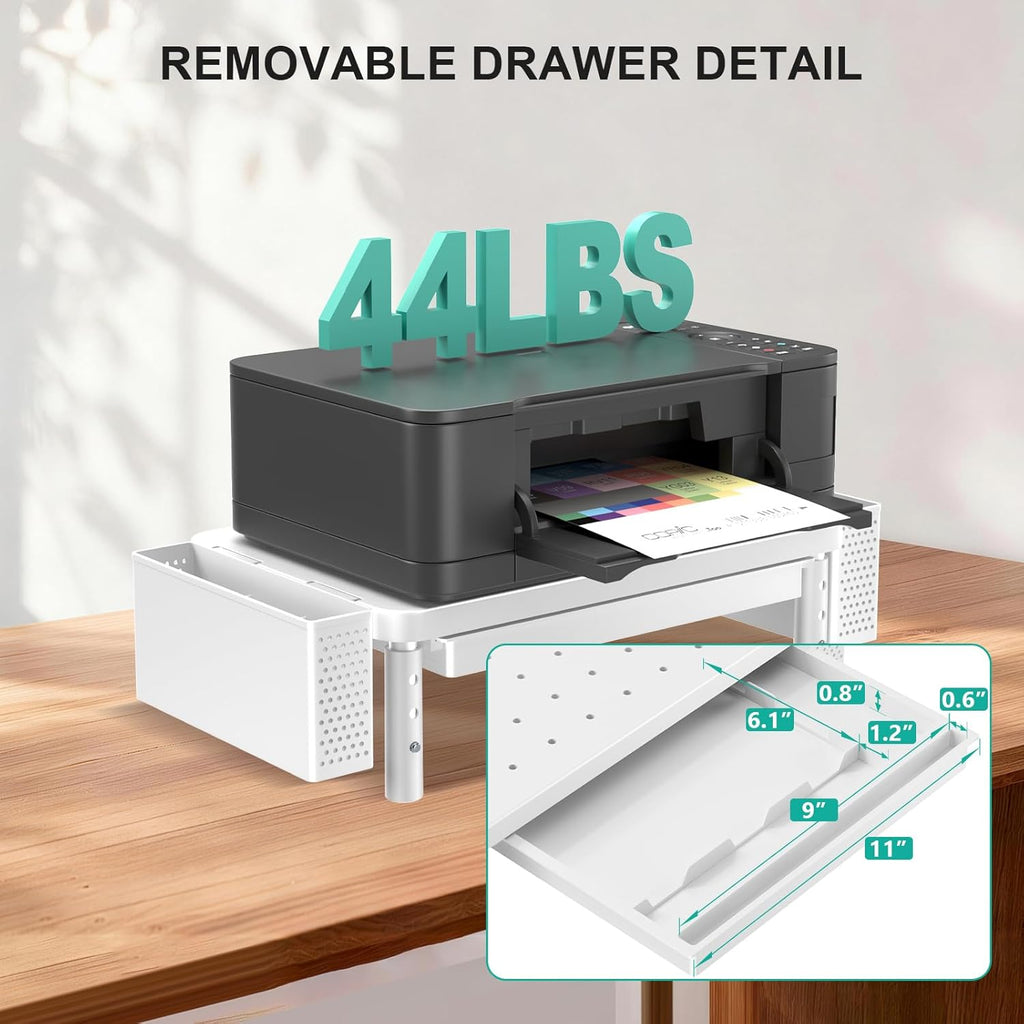WALI Computer Monitor Stand with Storage, Desk Organizer with Drawer and Pen Holder, Desk Monitor Riser 3 Height Adjustable, Laptop Riser for Computer, Laptop, Printer(PTT003-W), 1 Pack, White