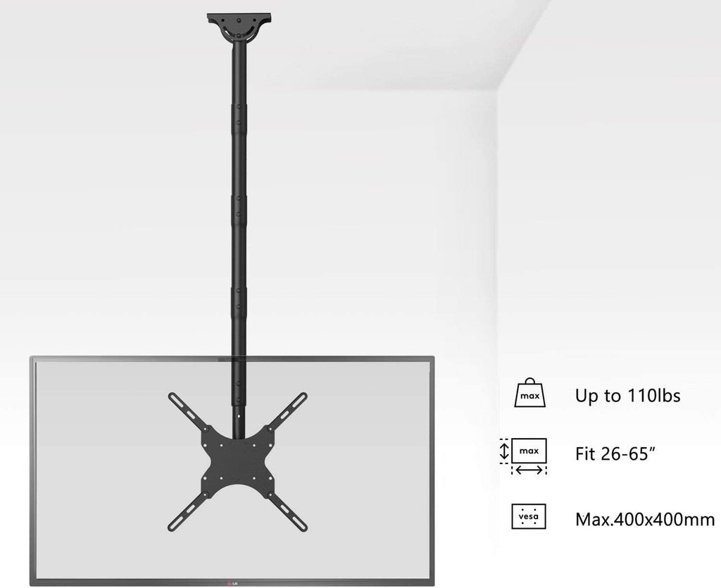 WALI Long Arm TV Ceiling Mount, Fits Most LED, LCD, OLED and Plasma Flat Screen Display 26 to 65 Inch, up to 110 Lbs, Height Extension up to 58 Inch, Mounting Holes up to 400x400mm (CM2665XL), Black