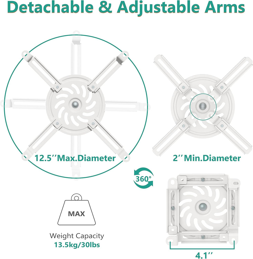 WALI Projector Ceiling Mount, Universal Low Profile Projector Mount with Retractable Arms and Multiple Adjustment Function (PM-002-W), White