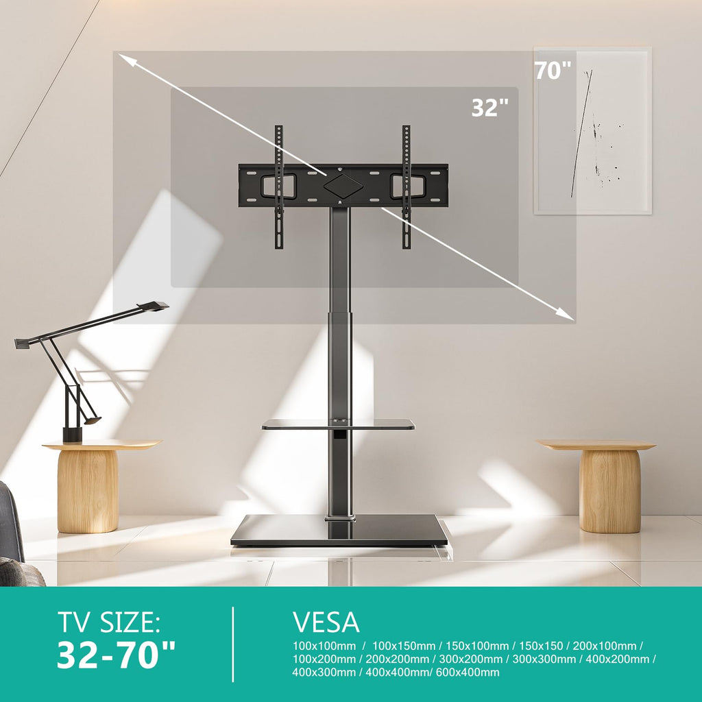 WALI TV Floor Stand for 32-70inch TVs up to 88lbs, Universal Floor TV Stand Mount, Swivel and Height Adjustable Tall TV Stand with Tempered Glass Base and Shelf for Living Room,Bedroom,Office(TVDVD-6)