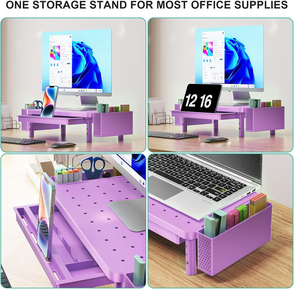 WALI Computer Monitor Stand with Storage, Desk Organizer with Drawer and Pen Holder, Desk Monitor Riser 3 Height Adjustable, Laptop Riser for Laptop, Printer (PTT003-V), 1 Pack, Violet