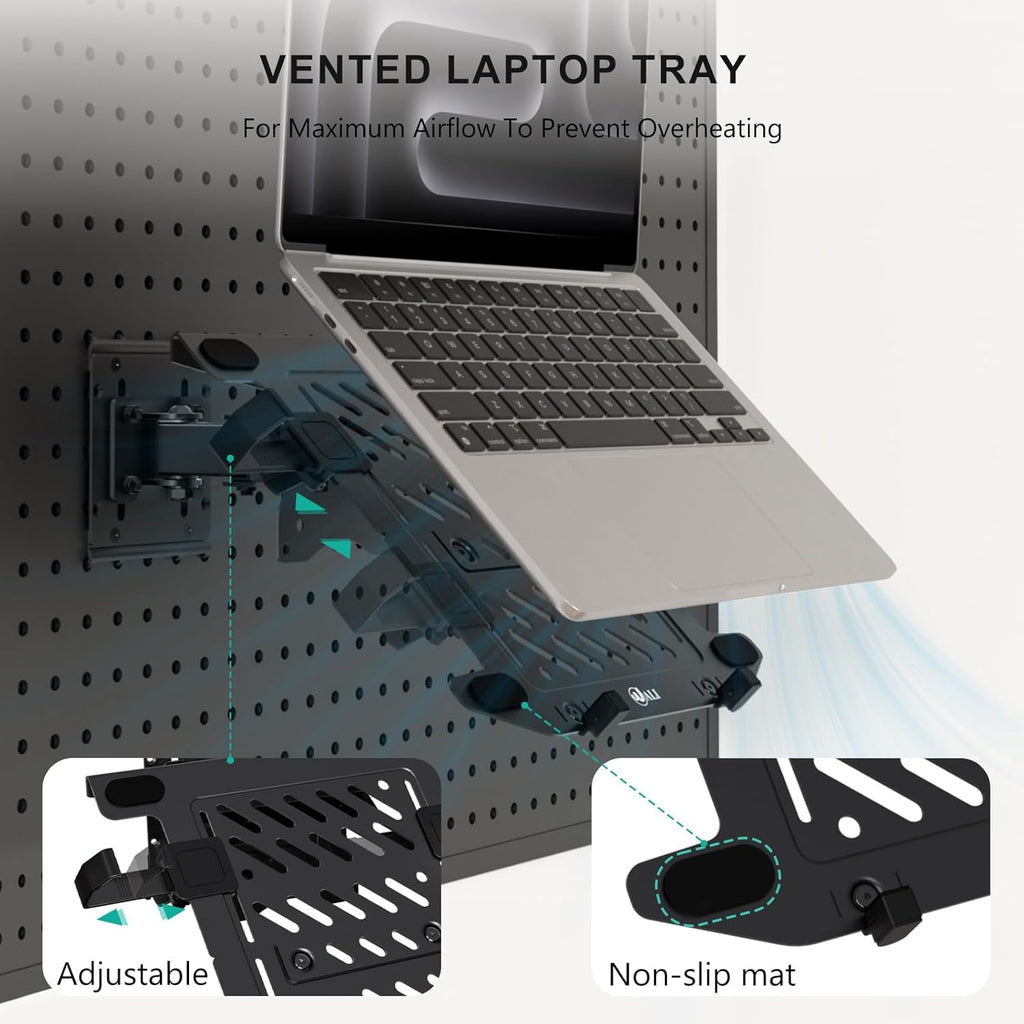 WALI Articulating Pegboard Adjustable Mount for Laptop and Monitor 2 in 1 with Vented Tray, Fits 1" Hole Spacing & Up to 1/4" Hole Diameter, Supports Laptop or Monitor Under 8.8lbs, PM00LP, Black