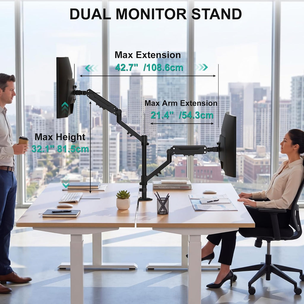 WALI Vertical Dual Monitor Mount for 13-40 inch Screens, up to 26.4 lbs | Stacked Dual Monitor Stand, Full Motion with Tilt, Swivel, Rotation, C-Clamp/Grommet Base, VESA 75/100mm (GSDM002M), Black