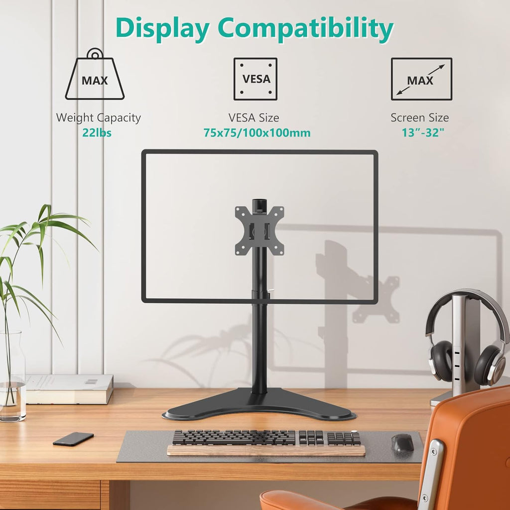 WALI Single Monitor Stand for 13-32 Inch Computer Screens, Freestanding Single Monitors Arm Desk Mount, Universal VESA Monitor Mount 75x75/100x100mm, Adjustable Height and Angle, (MF001), Black