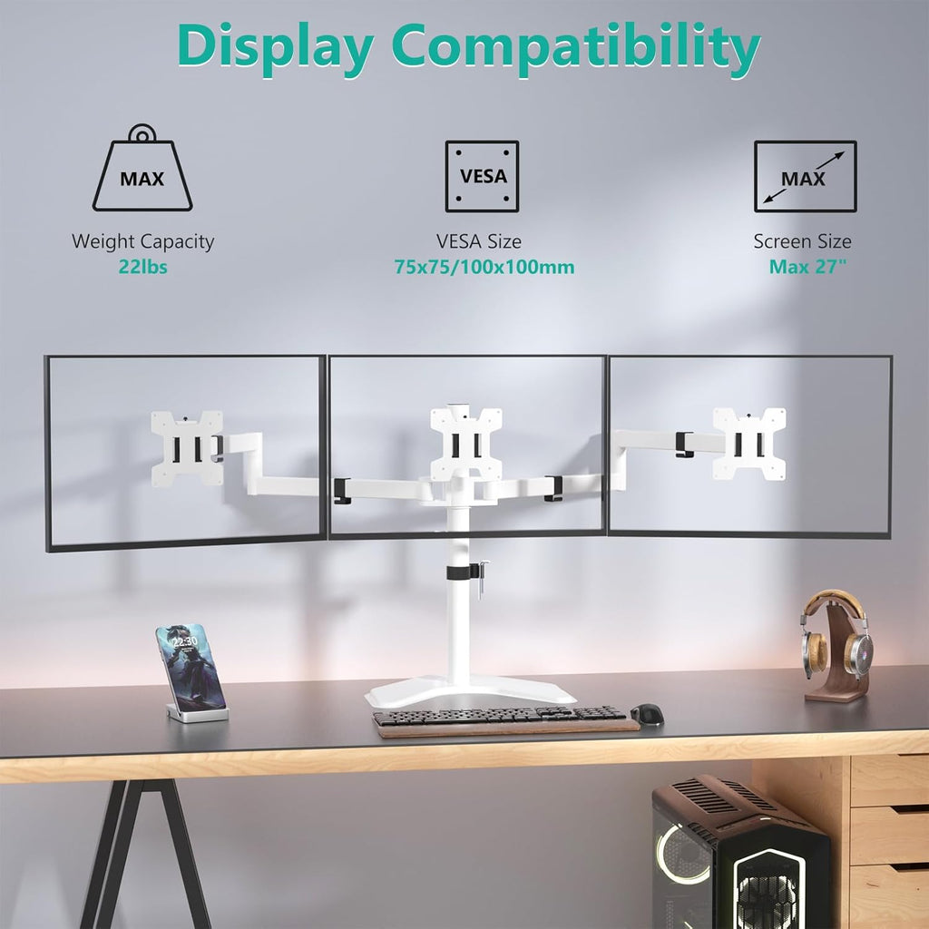 WALI Triple Monitor Stand, Free Standing Three LCD Monitor Fully Adjustable Desk Mount Fits 3 Screens up to 27 inch, 22 lbs Weight Capacity per Arm (MF003-W), White