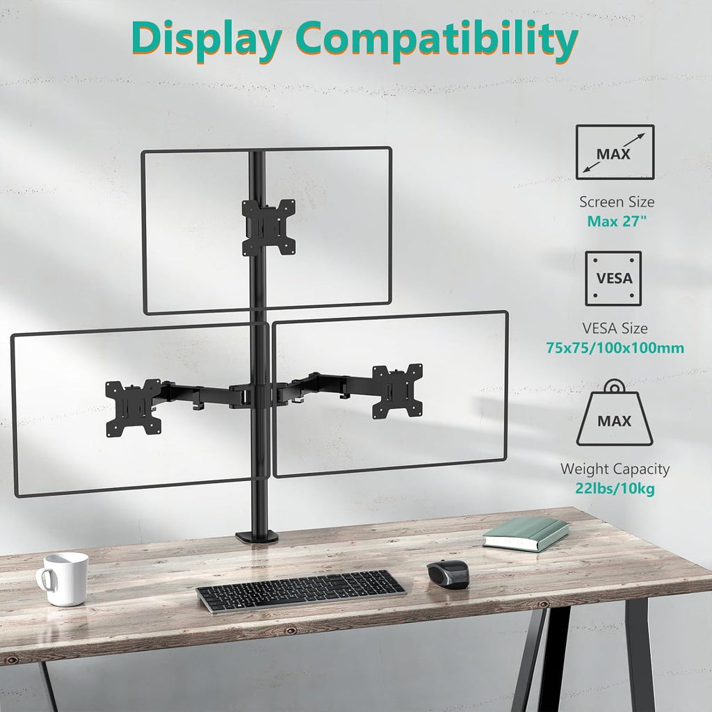 WALI Triple Monitor Mount for 13-27 inch Computer Screens, 3 Monitor Desk Mount, Holds up to 22 lbs, Adjustable Triple Monitors Stand with Swivel Tilt Rotation, 75x75/100x100mm (M003), Black