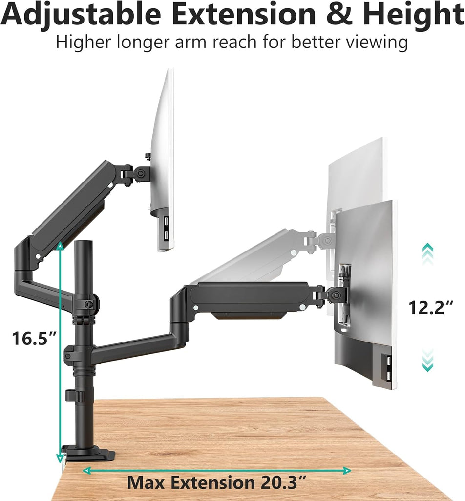 WALI Dual Monitor Mount, 13-32 Inch Adjustable Spring Dual Monitor Arm for Desk Holds Max 19.8 lbs Screens, Swivel Vesa Bracket with C Clamp, Grommet Mounting, Monitor Arms for 2 Monitors (GSDM002)