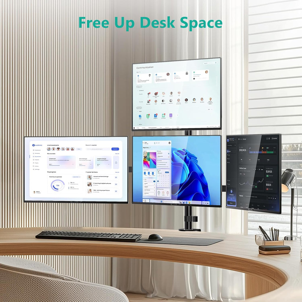 WALI Quad Monitor Mount for 13-27 Inch Screens, Fully Adjustable 4 Monitor Stand with Swivel, Tilt, Rotation, Clamp & Grommet Base Kit, Max Load 22lbs per Screen (M004S), Black