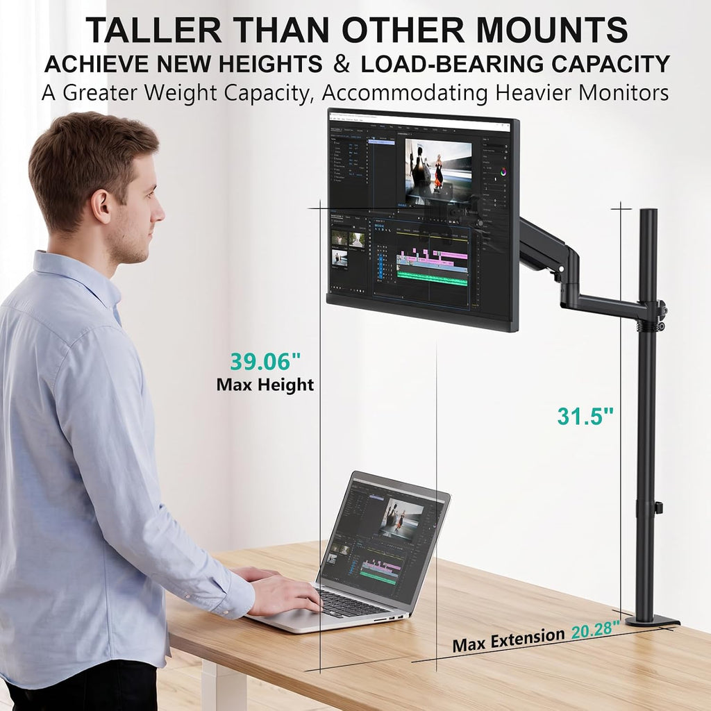 WALI Extra Tall Monitor Mount for 13-34 inch Computer Screens, up to 22 lbs | Single Monitor Arm Desk Mount, Full Motion with Tilt, Swivel, Rotation, C-Clamp, VESA 75/100mm,for Office/Home (GSDM001XL)