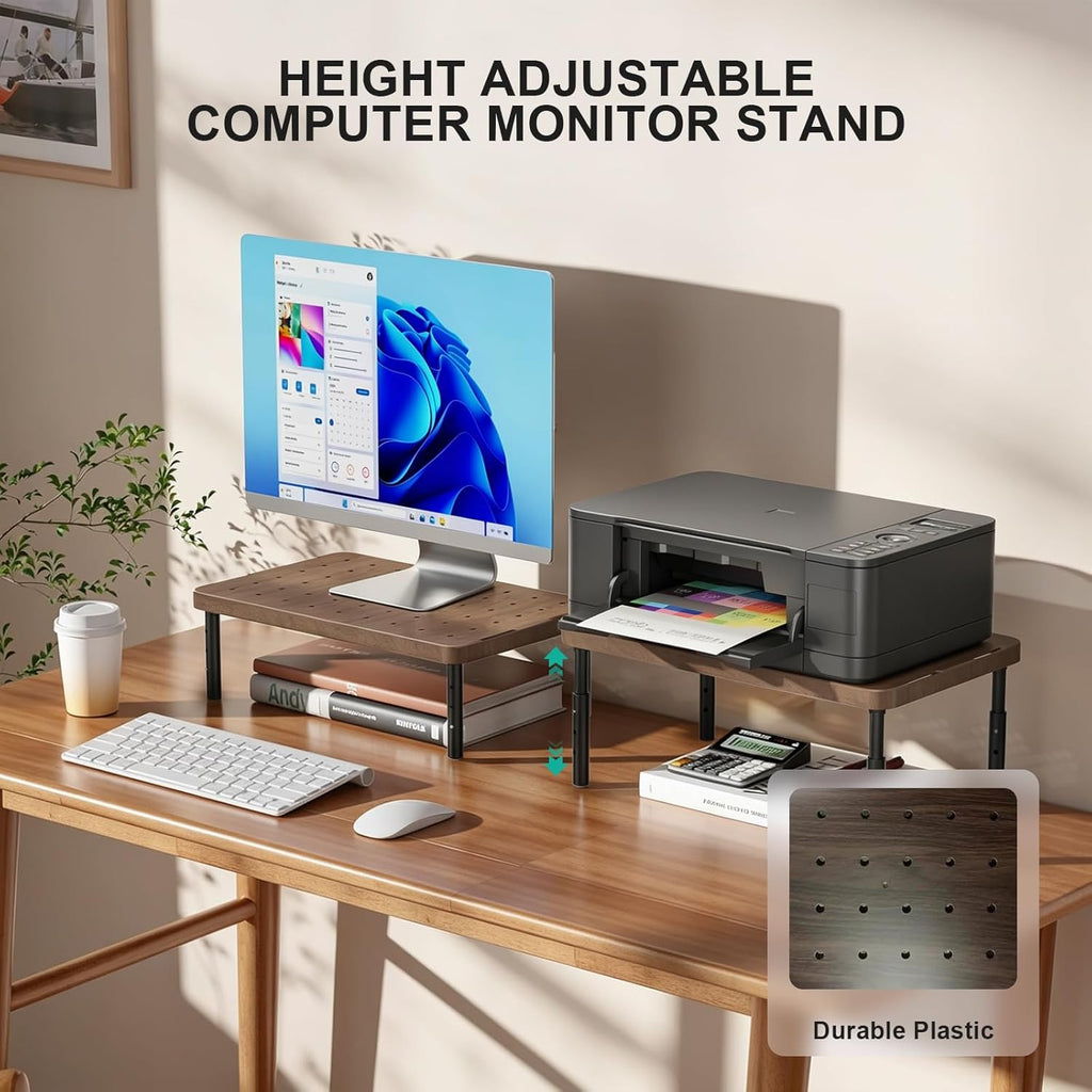 WALI Plastic Computer Monitor Stand, Adjustable Laptop Riser, up to 44 lbs | Desk Monitor Riser Underneath Storage, Fits Notebook, Laptops, Printers, for Home, Office, School(PTT001-C),1 Pack,Brown