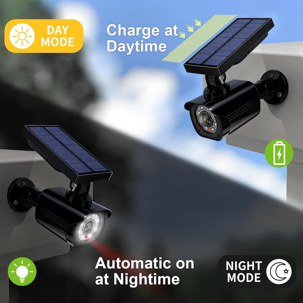 WALI Dummy Fake Camera, Security Camera with Motion Sensor Flood Light, Simulated Surveillance Security CCTV Dome Camera Indoor Outdoor (TCB2-SOL), 2 Packs, Black-Solar