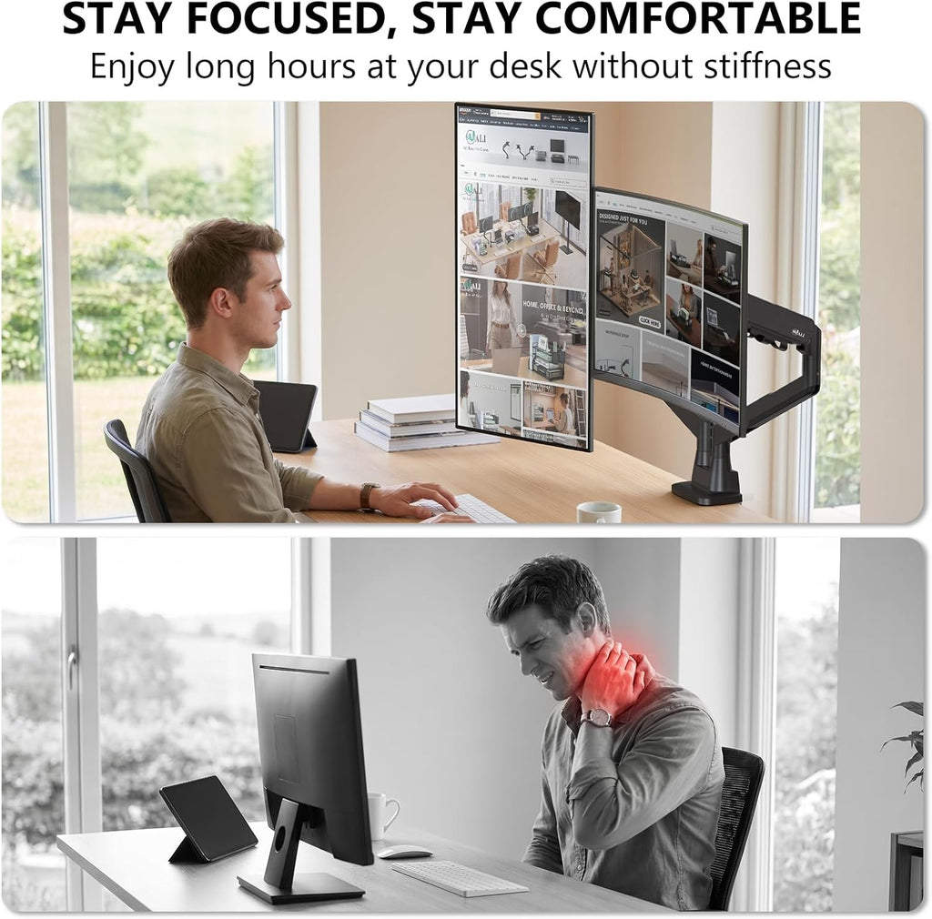 WALI Adjustable Dual Monitor Mount for 13-43 inch Screens, up to 22 lbs | Ultrawide Monitor Arms for 2 Monitors, Full Motion with Tilt, Swivel, Rotation, C-Clamp/Grommet, VESA 75/100mm (GSM002XLN)