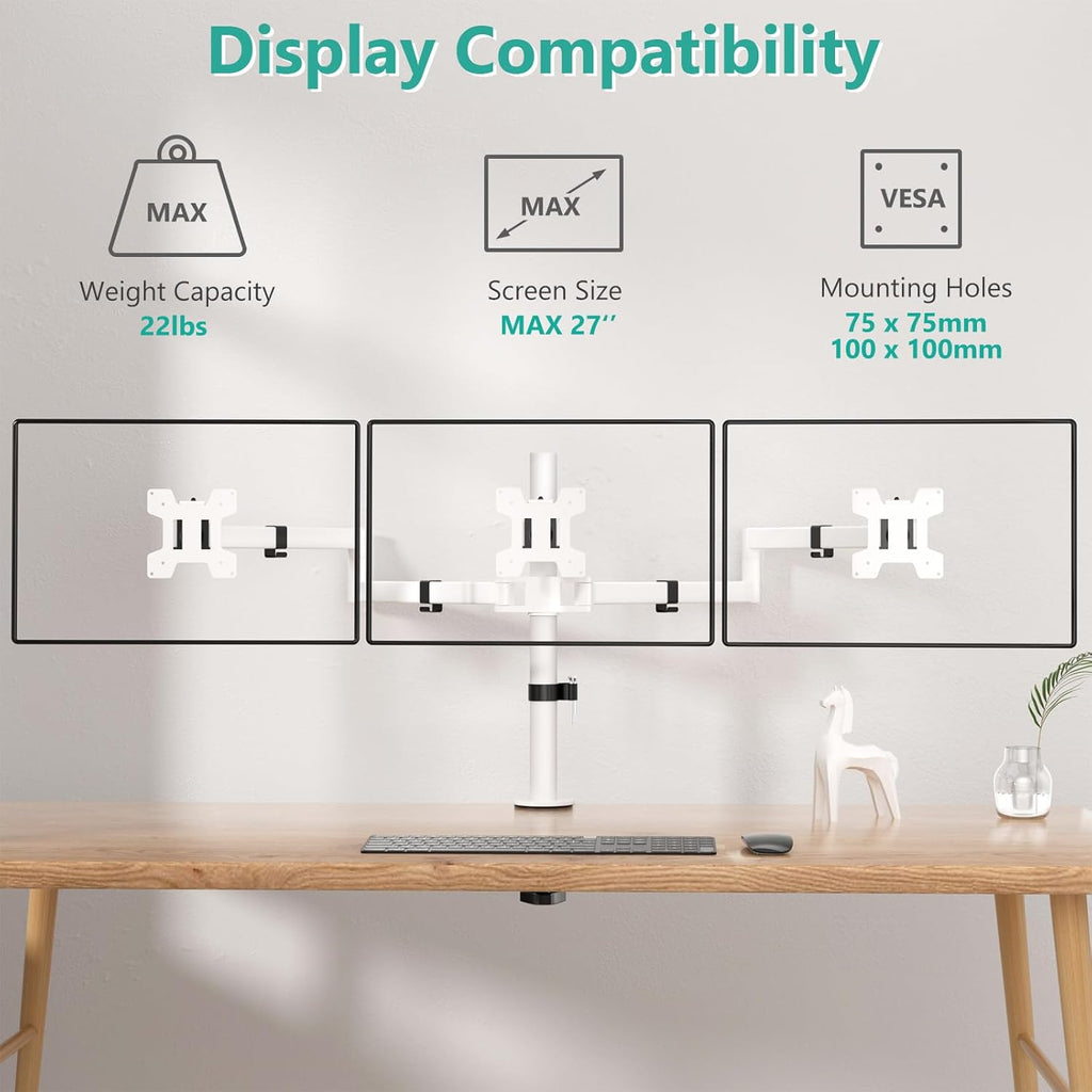 WALI Triple Monitor Mount, Three Monitor Desk Mount Fits 13-27in Screens, Holds up to 22lbs, Multiple Computer Stand with Tilt, Swivel, Rotation, VESA 75x75,100x100mm(M003S-W), White