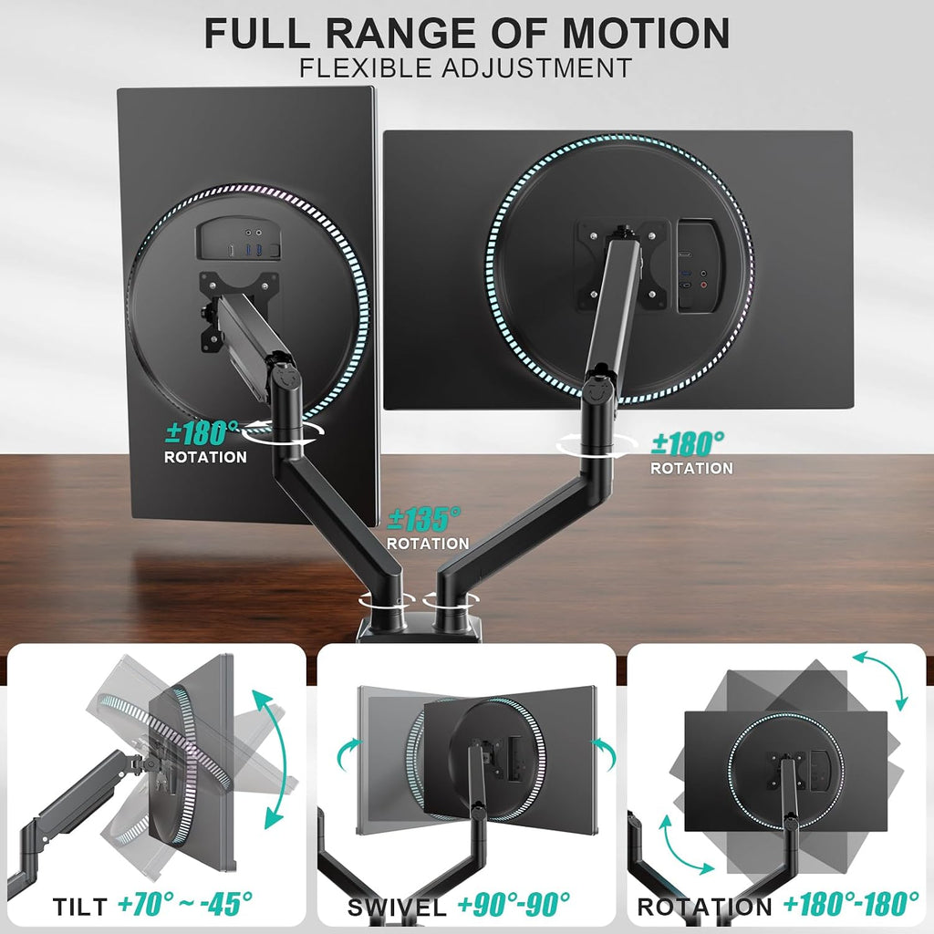 WALI Adjustable Dual Monitor Arm for 13-32 inch Screens, 22 lbs per Arm | Dual Monitor Stand for Desk, Full Motion with Tilt, Swivel, Rotation, C-Clamp & Grommet Base, VESA 75/100mm (GSMP002N), Black