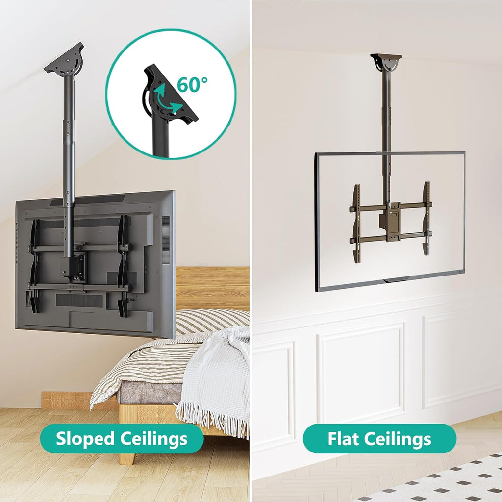 WALI Ceiling TV Mount for Most 37 to 80 inch Flat Screen Display, Hanging TV Mount Bracket with Swivel, Tilt Fits LED, LCD, OLED 4K TVs up to 110lbs, Max Mounting Holes 600x400mm (CM3770), Black
