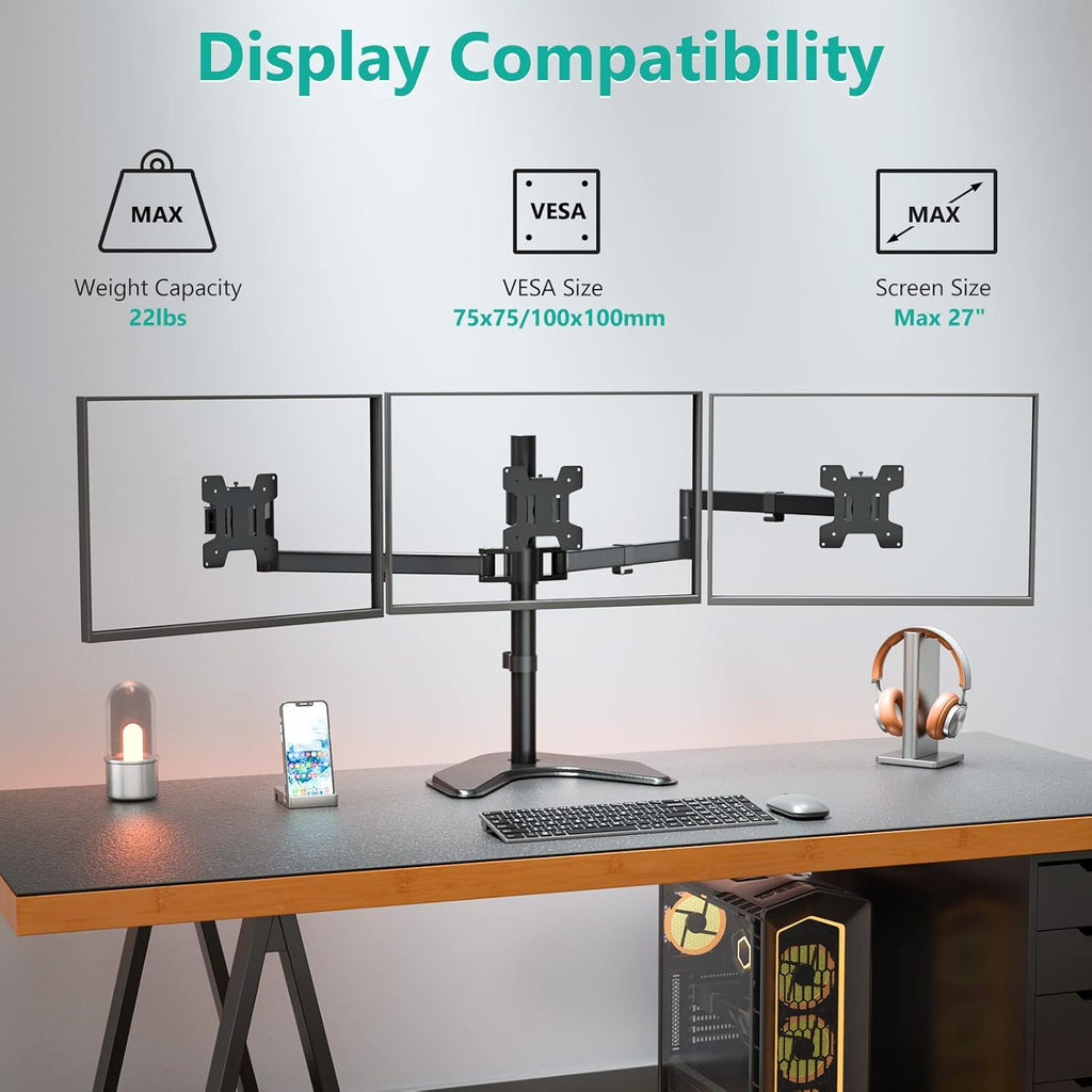 WALI Triple Monitor Stand, Free Standing Three LCD Monitor Fully Adjustable Desk Mount Fits 3 Screens up to 27 inch, 22 lbs Weight Capacity per Arm (MF003), Black