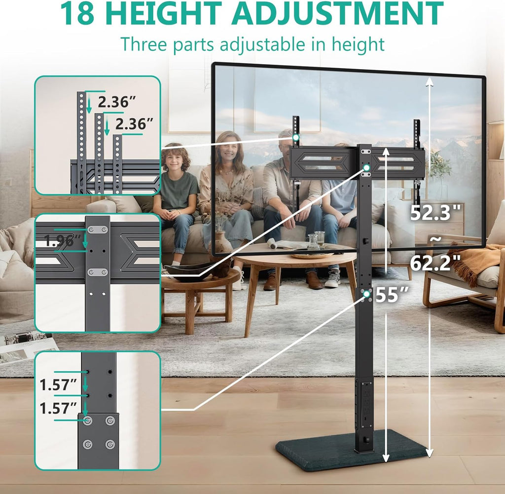 WALI Floor TV Stand with Power Outlet, Tall TV Stand Mount for 32-75 inch TV up to 110 lbs, Swivel and Height Adjustable TV Stands with Wood Base for Bedroom, Office(TVDVD-7P), Black
