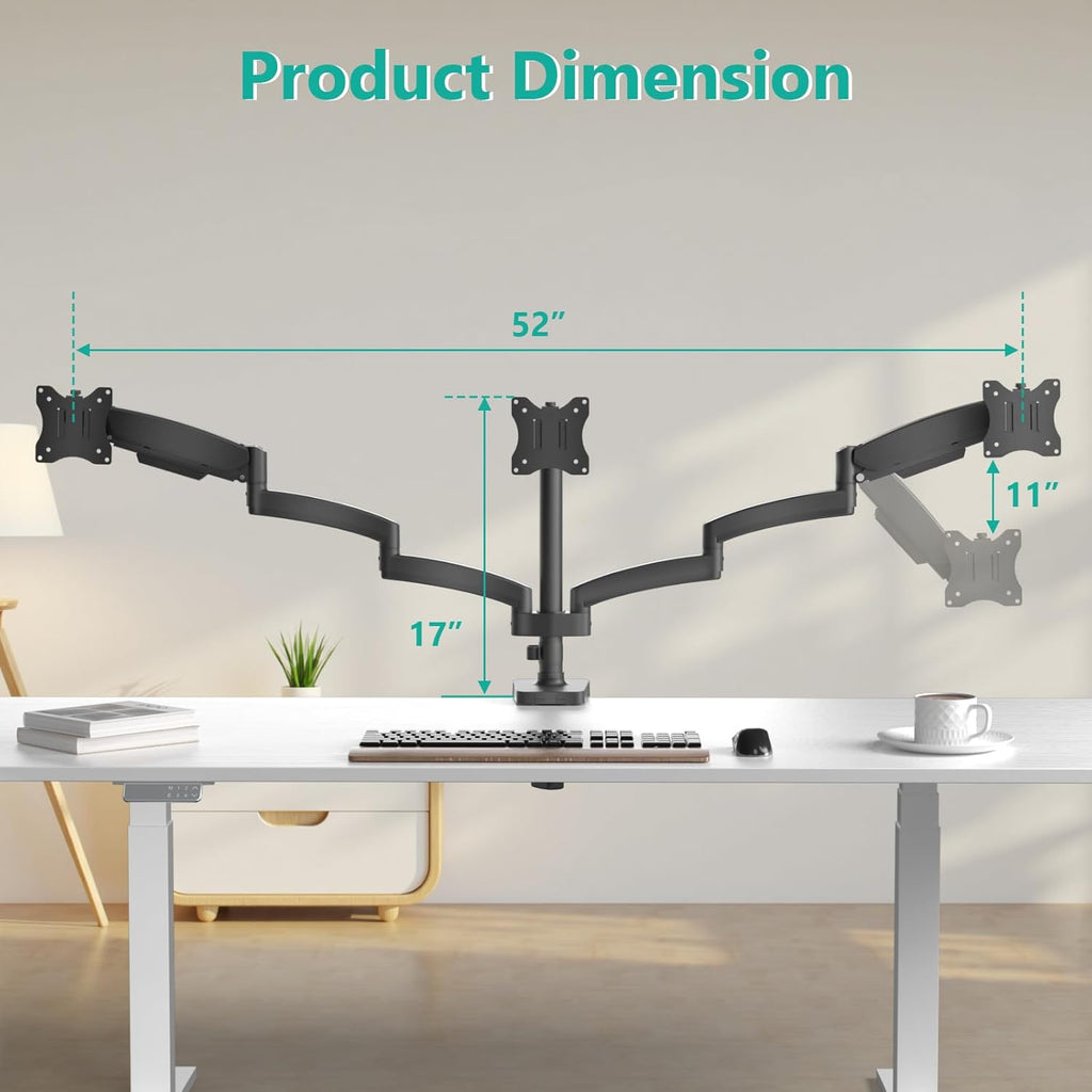 WALI Triple Monitor Mount, 3 Monitor Desk Mount with Premium Gas Spring Arm for Screens up to 27 inch, Multiple Monitors Stand with Tilt, Swivel, Rotation, Mounting Holes 75/100 mm (GSDM003N), Black