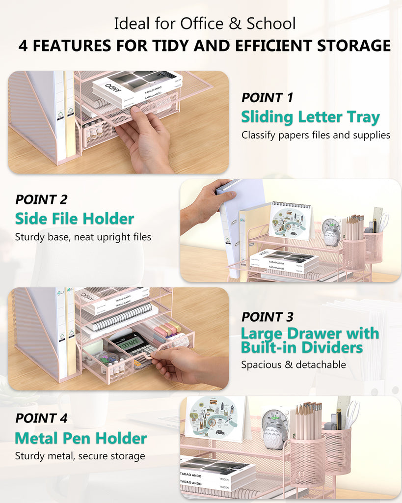 WALI Desk File Organizer, 4 Tier Desktop Paper Letter Tray Organizer with Drawer and 2 Pen Holders, Office Desk Accessories & Workspace Organizers for Office, Home Supplies(DO005DH-P), 1 Pack, Pink