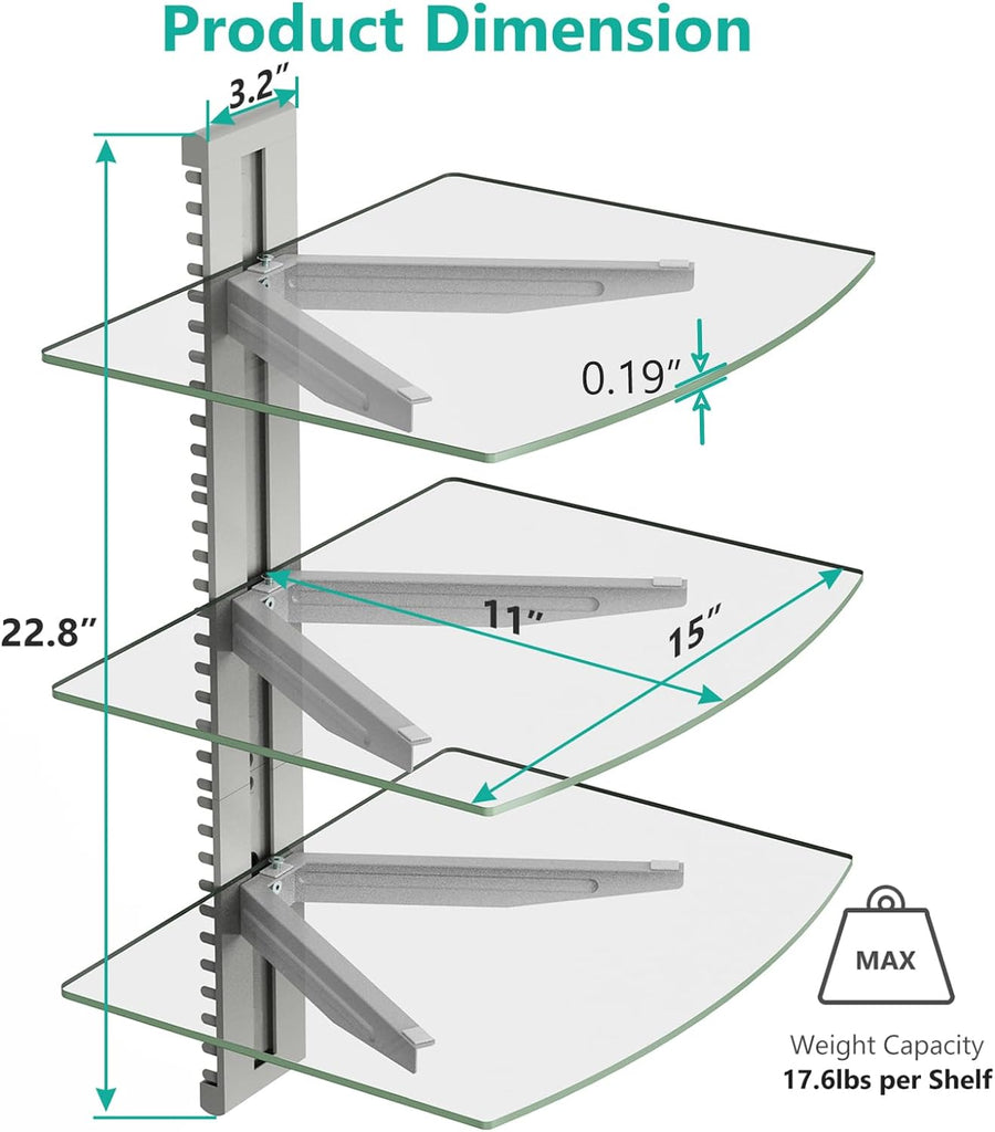 WALI Floating Entertainment Center Shelves, Holds Up to 17.6lbs, TV Shelf with Strengthened Tempered Glasses for DVD Players, Cable Boxes, Games Consoles, TV Accessories (CS303S), 3 Shelf, Silver