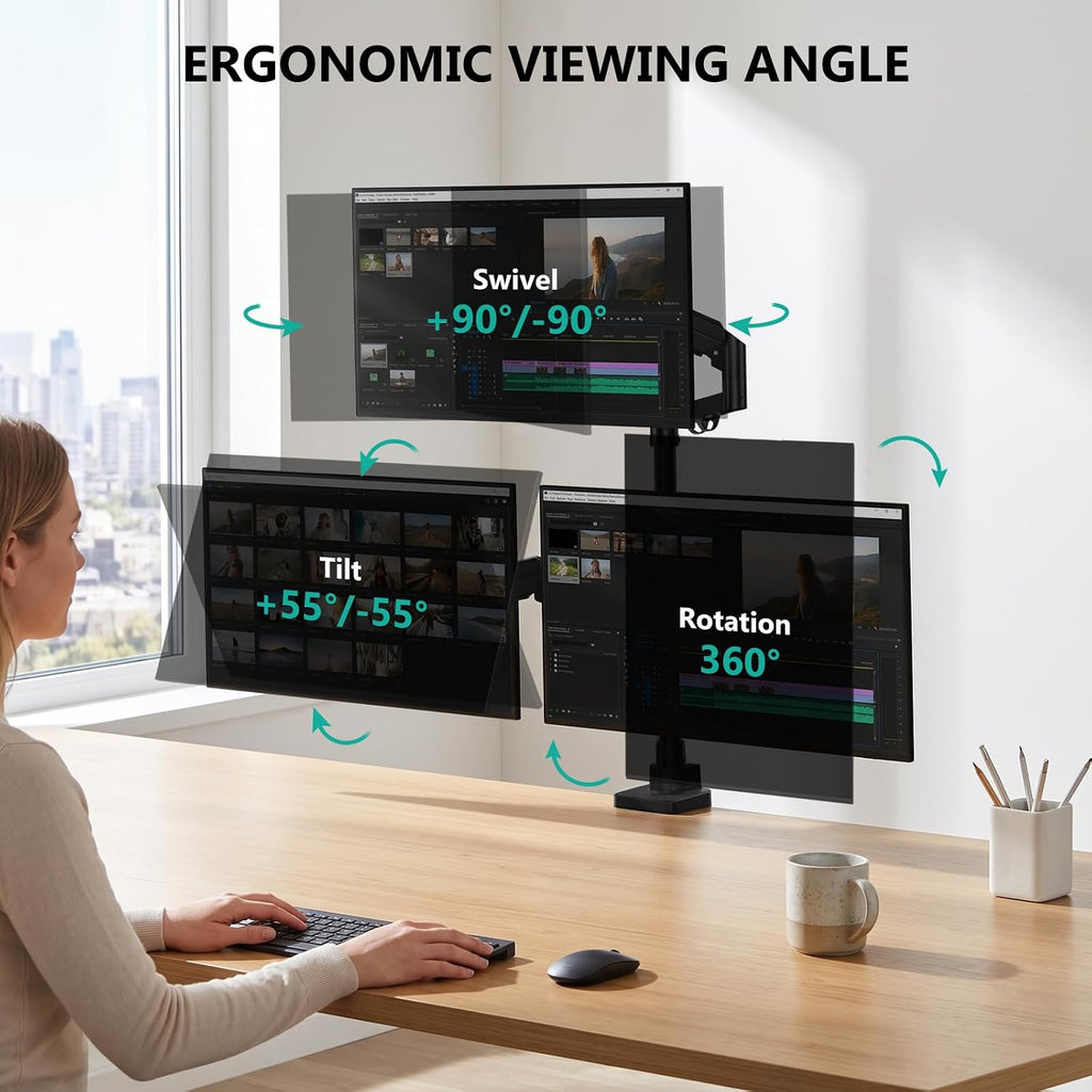 WALI Stacked Triple Monitor Mount for 49" UItrawides and Dual 34" Monitors | Heavy Duty 3 Monitor Arm up to 33 lbs, Full Motion with Tilt, Swivel, Rotation, C-Clamp & Grommet Base, VESA 75/100mm, Black
