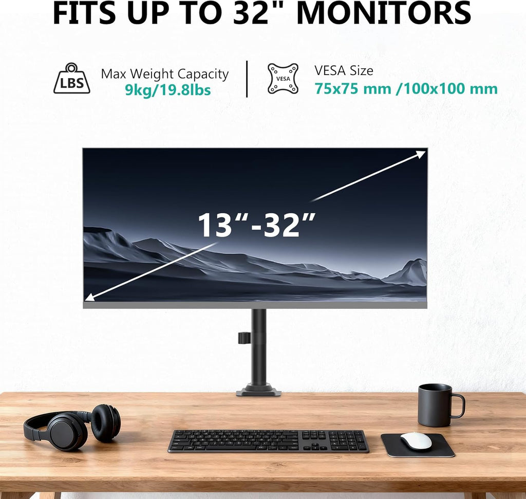 WALI Single Monitor Arm Desk Mount for 13-32 Inch Screens, Premium Gas Spring Monitor Stand with Full Motion Tilt, Swivel, Rotation, Holds up to 19.8 lbs, C-Clamp Mount for VESA 75/100mm (GSDM001S)