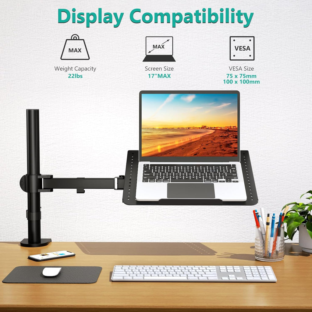 WALI Laptop Tray Desk Mount for 17inch Notebook, Fully Adjustable Laptop Arm up to 22lbs, Monitor Mount with Vented Cooling Platform Stand (M00LP), Black