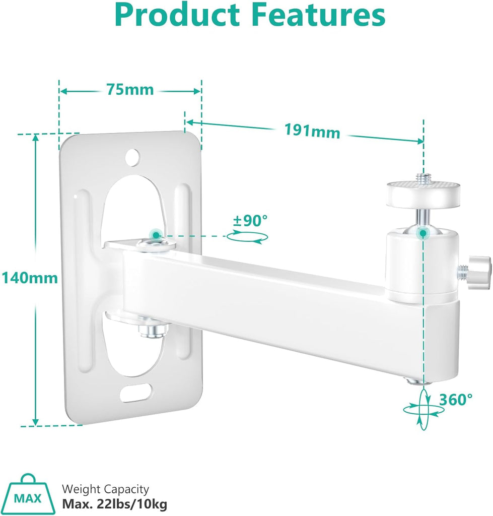 WALI Mini Porjector Wall Mount, Wall Projector Mount for 1/4" M4 M6 Screws, Fully Adjustable Projector Hanging Bracket Ceiling Mount Holder Holds up 22lbs, White (1330LM-PMWS)