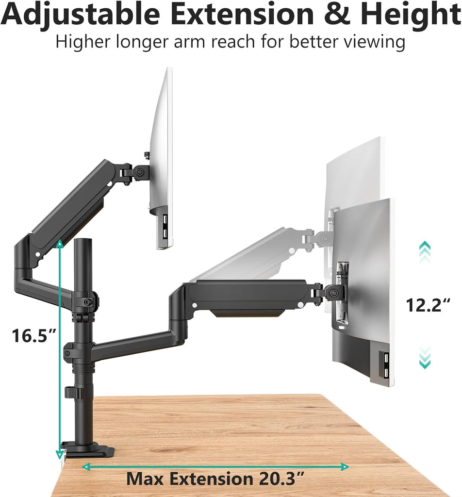 WALI Tall Dual Monitor Desk Mount for 13-33 inch Screens, 19.8 lbs per Arm | Dual Monitor Arms for 2 Monitors, Full Motion with Tilt, Swivel, Rotation, C-Clamp & Grommet, VESA 75/100mm (GSDM002), Black