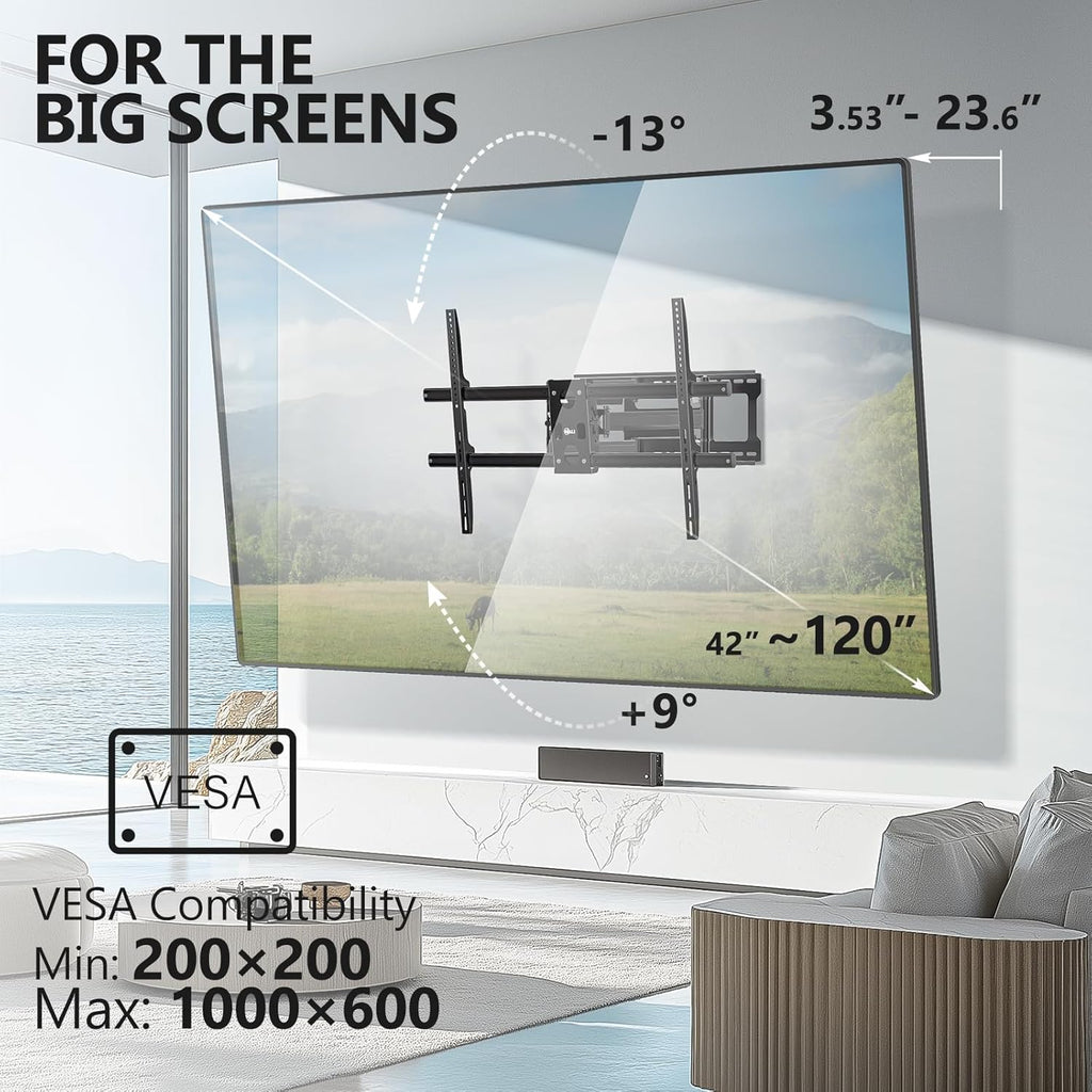 WALI Heavy Duty Full Motion TV Wall Mount Bracket for Extra Large TVs,Holds up to 220Ibs, Swivel Tilt Rotatable,Max Mounting Holes 1000x600, Fits 65 75 85 100 120 inch LED/LCD/OLED 4K/8K on Wood Stud(FTM-6)