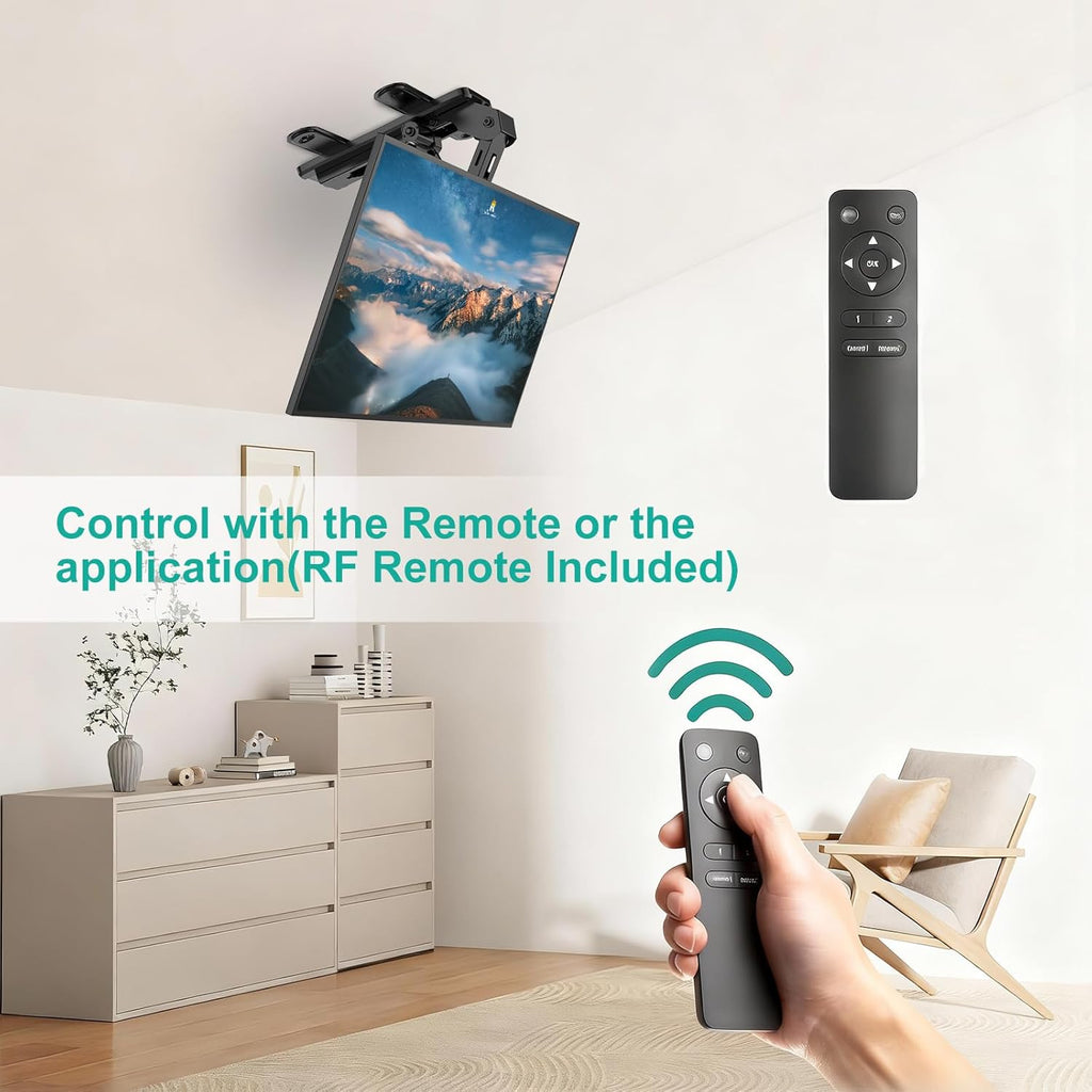 WALI Electric Ceiling TV Mount for 37 to 75 inch Screens, Flip Down Motorized TV Mount with Remote, Flat and Curved TVs Up to 99 Lbs, Pitched Roof, Max Mounting Holes 600x400mm (FCM604A), Black