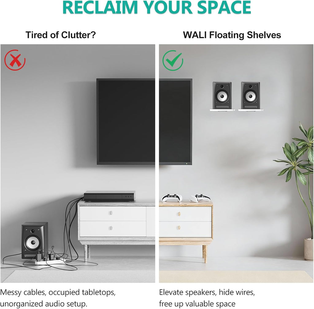 WALI Speaker Wall Mount, Heavy Duty Bookshelf Speaker Floating Wall Shelves, Surround Sound Speakers Stand for Living Room, Home Theater and Gaming Room, Holds up to 55 Lbs, (SWM302W), 1 Pair, White