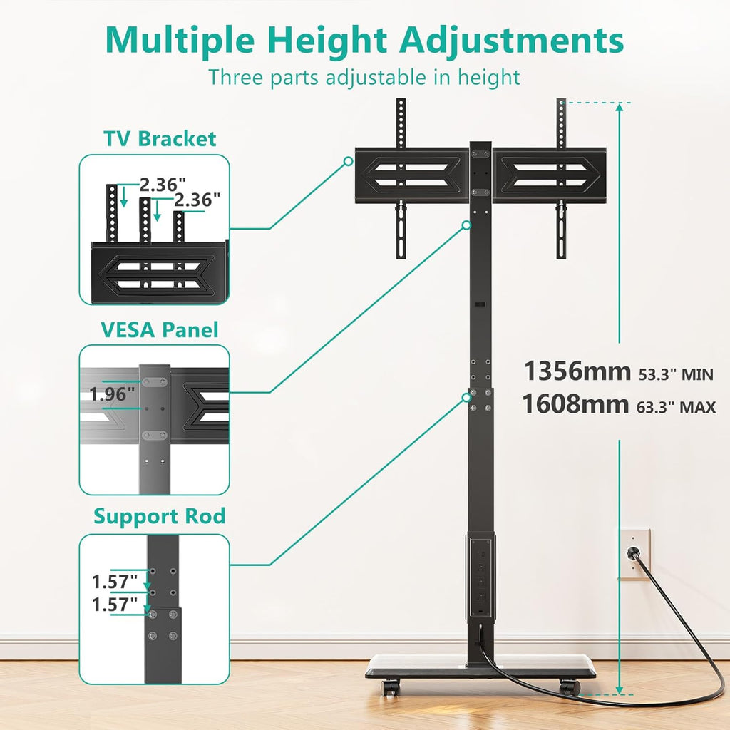 WALI Floor TV Stand with Power Outlet, Rolling Tall TV Stand Mount with Wheels for 32-75 inch TV up to 110 lbs, Swivel Height Adjustable TV Cart with Wood Base for Bedroom(TVDVD-7PR), Black