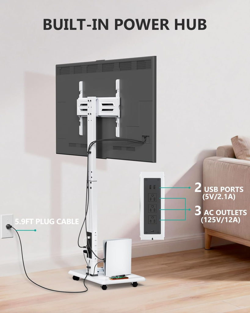 WALI Rolling TV Stand with Power Outlet, Mobile Tall TV Stand Mount on Wheels for 39-75 inch TV up to 110 lbs, Swivel Height Adjustable TV Cart with Wood Base for Bedroom(TVDVD-7PRW), White
