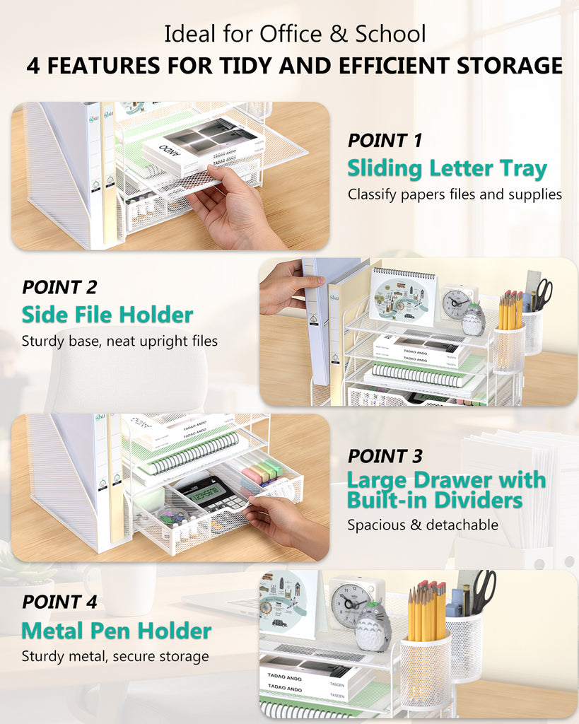 WALI Desk File Organizer, 4 Tier Desktop Paper Letter Tray Organizer with Drawer and 2 Pen Holders, Office Desk Accessories & Workspace Organizers for Office, Home Supplies(DO005DH-W), 1 Pack, White