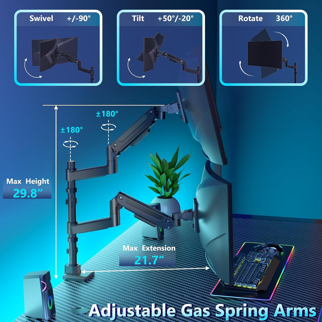 WALI Dual Monitor Mount for Ultrawide Heavy Duty Curved Monitor Stacking, Dual Monitor Arm Fits 17-49 Inch for Ultrawide Screens up to 44lbs, 49 inch Monitor Arm(GSDM002-P), Black