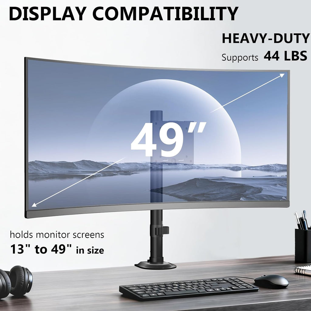 WALI Heavy Duty Single Monitor Arm Desk Mount for 13-49 Inch Screens, Ultrawide Monitor Stand with Full Motion Tilt, Swivel, Rotation, Holds up to 44 lbs, C-Clamp Mount for VESA 75/100mm,(M001S-P)