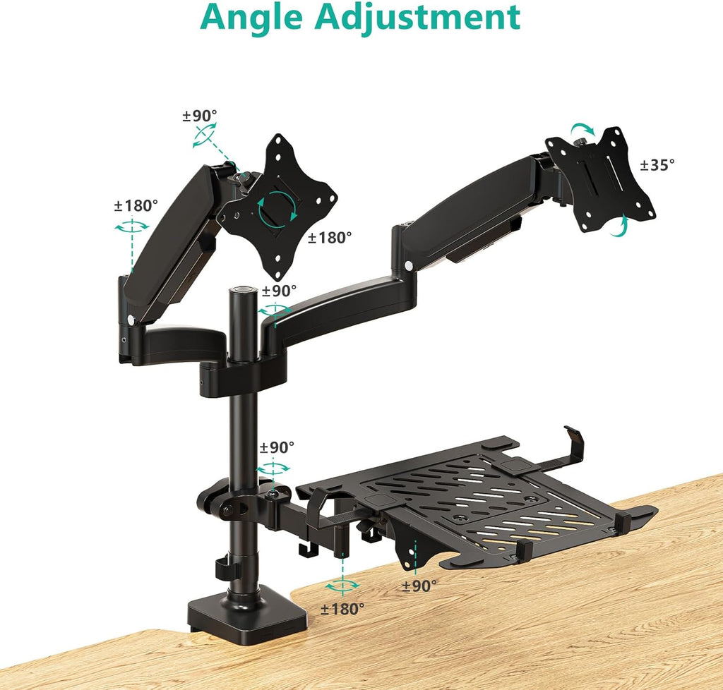 WALI Laptop Mount and Dual Monitor for Max 32" Monitor and 17" Laptop, Adjustable Spring Arm with Tilt, Swivel and Rotation, Dual Monitor and Notebook Stand with VESA 75/100mm(GSDM003LP), Black