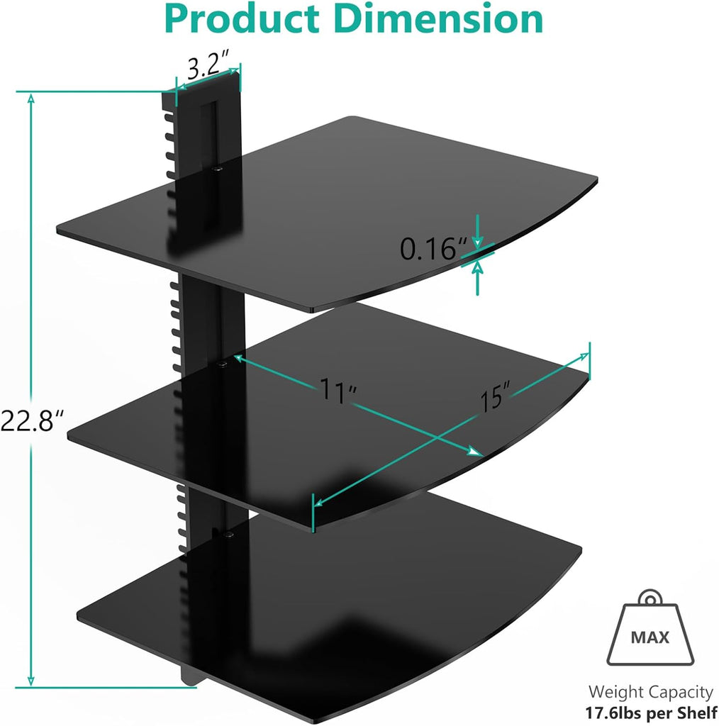 WALI Floating Entertainment Center Shelves, Holds Up to 17.6lbs, TV Shelf with Strengthened Tempered Glasses for DVD Players, Cable Boxes, Games Consoles, TV Accessories (CS303B), 3 Shelf, Black