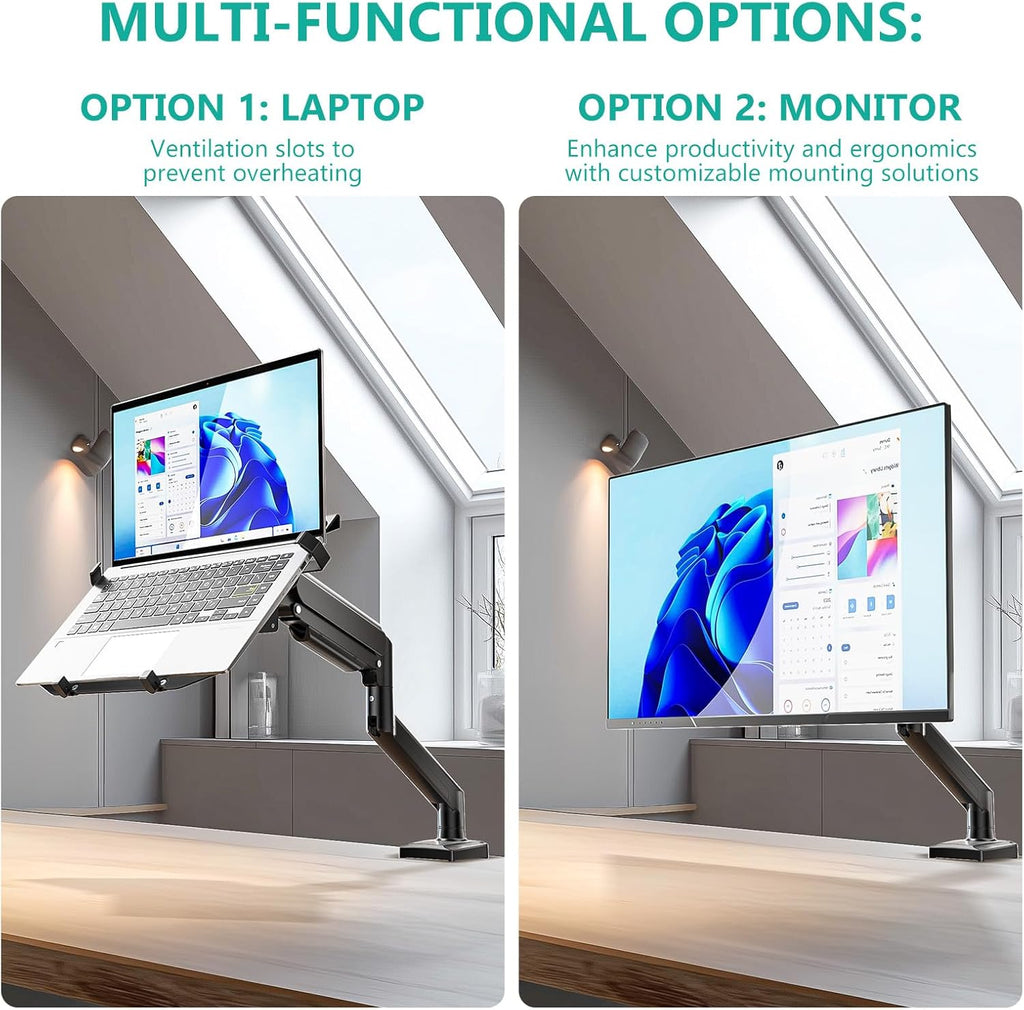 WALI Laptop Desk Mount, 2-in-1 Monitor Mount Fit 17” Notebook and 34” Monitors, Laptop Stand for Desk Adjustable Height, Gas Spring Monitor Arm with Laptops Holder, Up to 22-26.4lbs(GSMP001LPN), Black