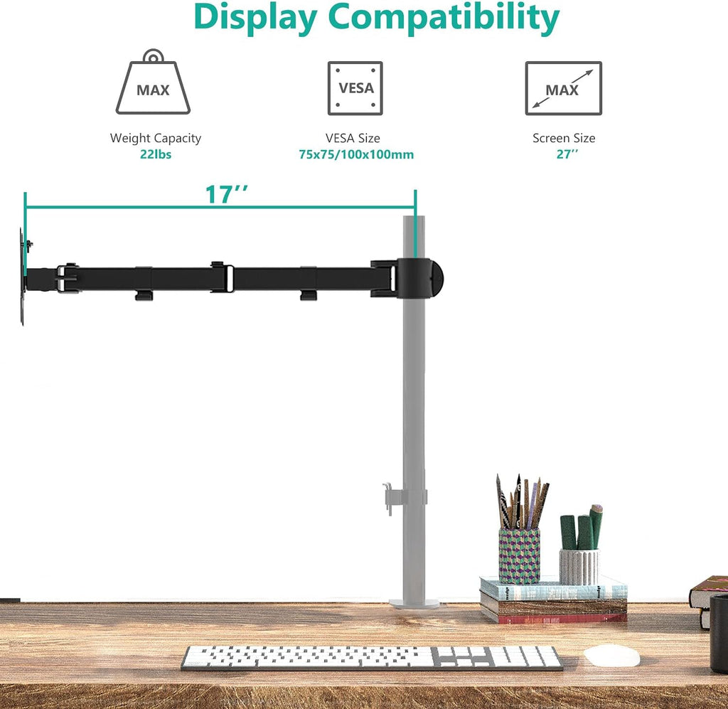 WALI Single Monitor Arm, Fully Adjustable Pole Mount Bracket for WALI Monitor Mounting System (001ARM), Black