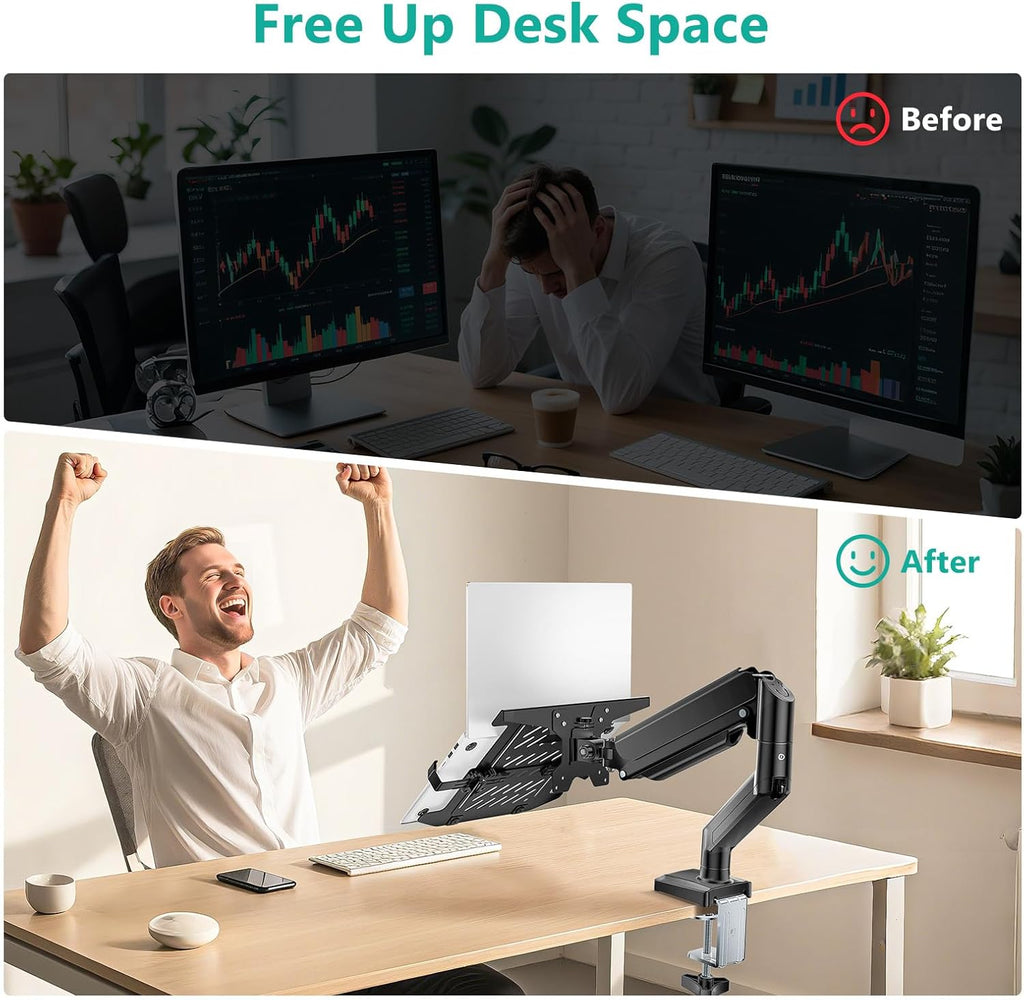 WALI Laptop Desk Mount, 2-in-1 Monitor Mount Fits up to 17” Notebook and 34” Monitors, Laptop Stand for Desk Adjustable Height, Monitor Arm with Laptops Holder, Max Holds 22-26.4lbs(GSMP001LPN), Black
