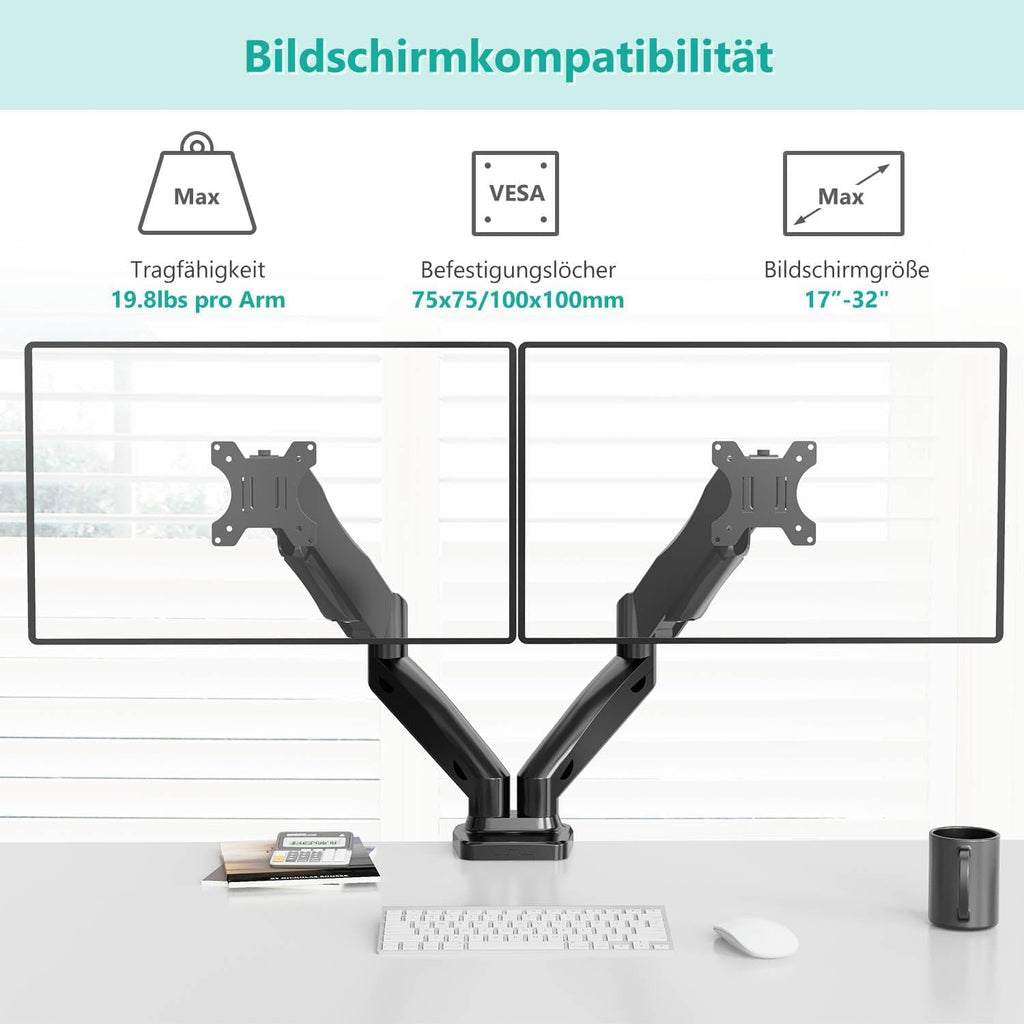 WALI Dual Monitor Mount, Monitor Arms for 2 Monitors Fully Adjustable Gas Spring Desk Mount Swivel Mounting Holes Bracket with C Clamp, Grommet Base for Display Up to 32 Inch 19.8lbs (GSMP002), Black