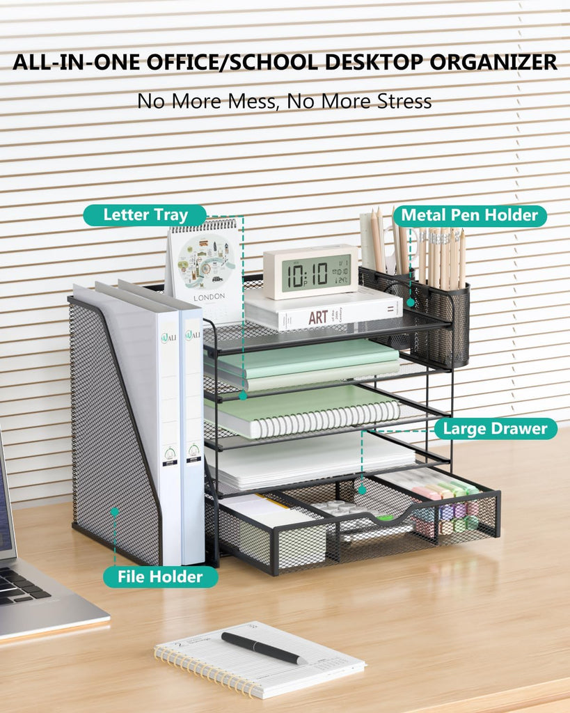 WALI Desk File Organizer, 5 Tier Desktop Paper Letter Tray Organizer with Drawer and 2 Pen Holders, Office Desk Accessories & Workspace Organizers for Office, Home Supplies(DO006DH-B), 1 Pack, Black