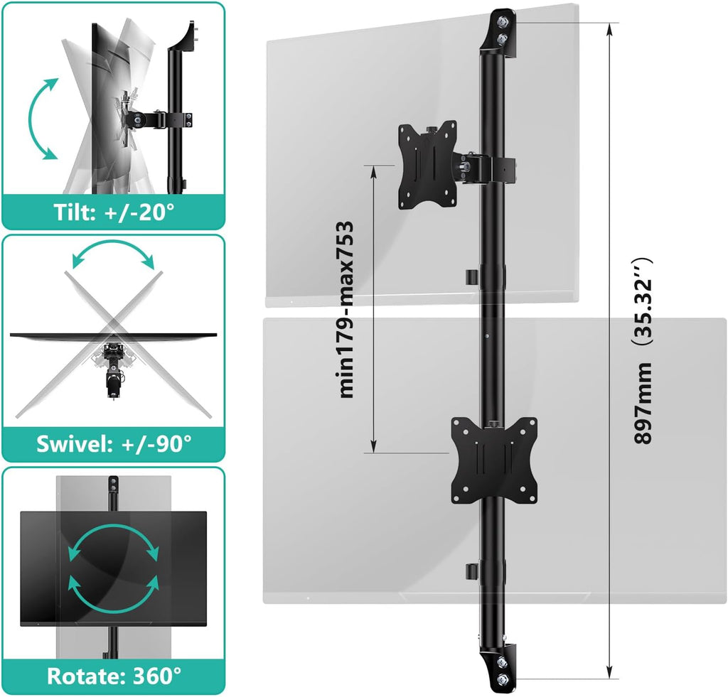 WALI Dual Monitor Wall Mount,Up to 38 inch Screens Vertical Stacked Monitor Wall Mount,VESA 75x75/100x100mm,Holds up to 22 lbs per Monitor,(012ARMV-38) Black