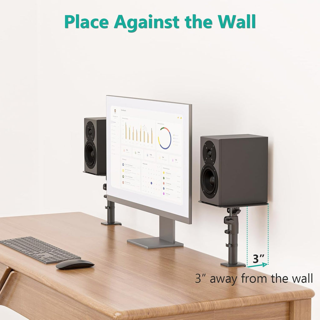 WALI Studio Monitor and Speaker Stand, Clamp-on Desktop Stand Set of 2, Height Adjustable Universal Audio Holder for Bookshelf Speakers Laptops Projectors (SDS003), Black