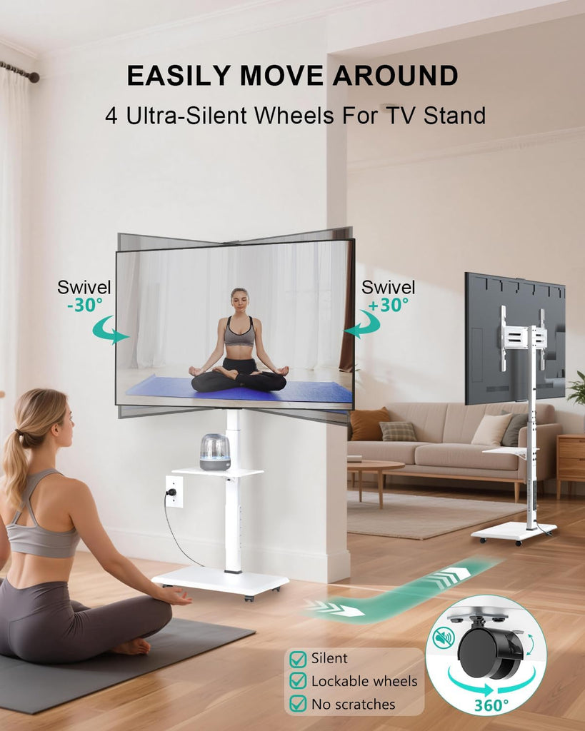 WALI Rolling TV Stand with Power Outlet & AV Shelf, Mobile Tall TV Stand Mount on Wheels for 39-70 inch TV up to 110 lbs, Swivel Height Adjustable TV Cart with Wood Base for Bedroom(TVDVD-6PRW), White