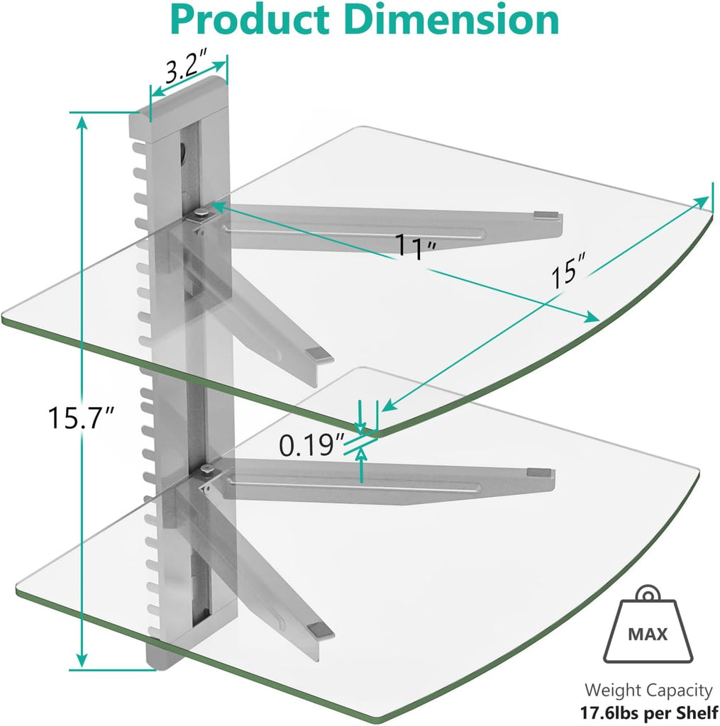 WALI Floating Entertainment Center Shelves, Holds Up to 17.6lbs, TV Shelf with Strengthened Tempered Glasses for DVD Players, Cable Boxes, Games Consoles, TV Accessories (CS202S), 2 Shelf, Silver