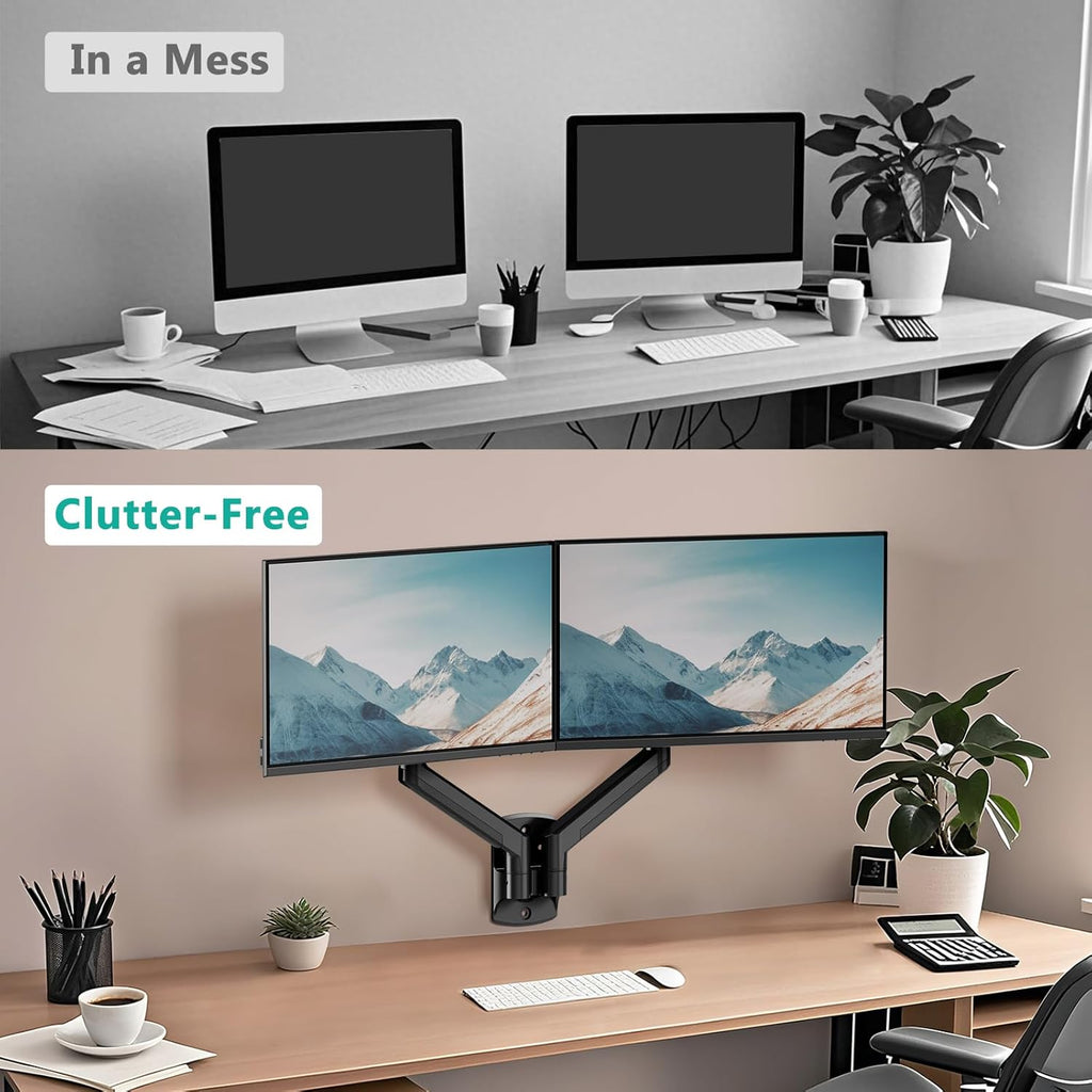WALI Dual Monitor Wall Mount for 17 to 32 inch Screens, Monitor Wall Mounts for 2 Monitors, Holds up to 22 lbs, Fully Adjustable Gas Spring Monitor Arm,75x75/100x100 VESA Wall Mount (GSWM002), Black