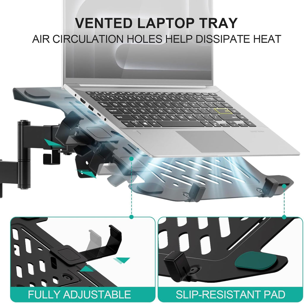 WALI Laptop Pole Mount, Adjustable Laptop Arm Holder Fits 10"-15.6" Laptops, 2-in-1 Full Motion Monitor Mount with Removable Tray, VESA 75x75 or 100x100 mm, Holds up to 15.4lbs(011ARMLPN), Black